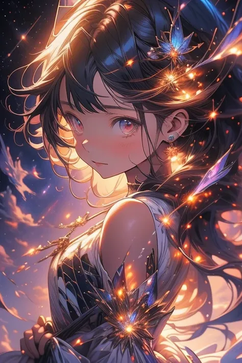 a picture taken from a digital painting of a girl in a dress, beautiful anime artwork, wearing a dress made of stars, beautiful ...