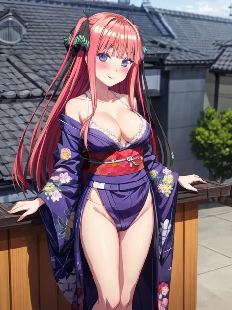 best quality, insanely detailed, nino nakano, breasts, blush, looking at viewer, cheerful eyes, arousal, kimono, highleg kimono, tight kimono, pussy, roof top background, lingerie