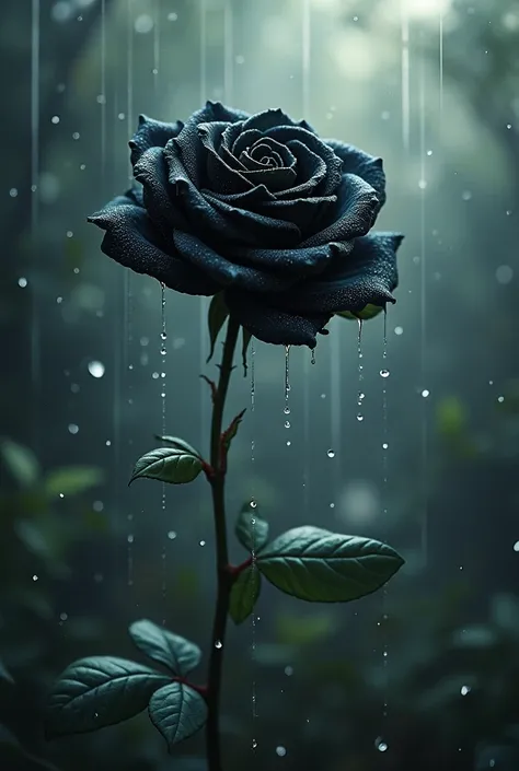 Black rose covered in rain with dancing fairies