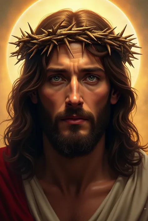 Ultra realistic Jesus in 4k with a crown of thorns on his head, JesusChrist, the lord and savior, portrait of JesusChrist, Jesus of Nazareth, brilliant light masterpiece, jesus, greg olsen, king of kings, beautiful image already created, Bright halo above ...