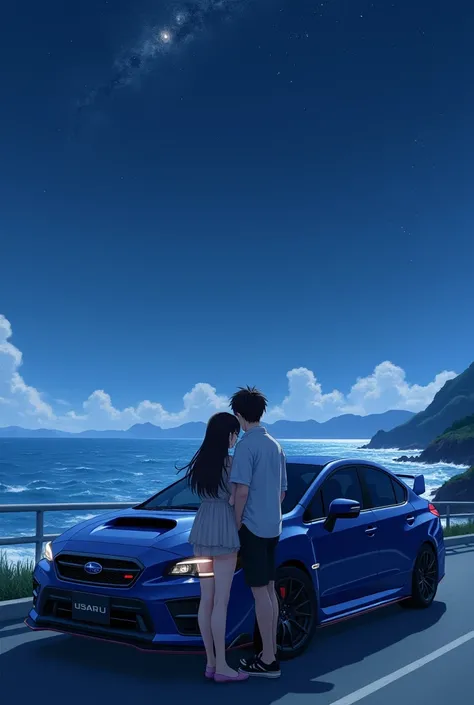 A couple (the women have black and long hair, and the man have brown and short hair) leaning on a Subaru WRX, watching the night on japon, on the coast, at the distance