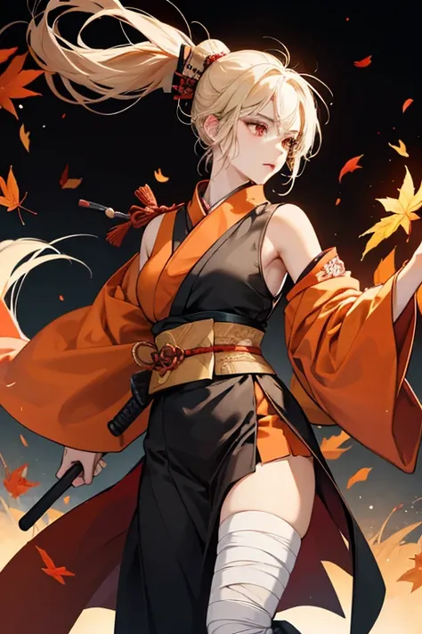 Kazuha  with choppy, medium length hair, some of it tied in an off centered ponytail to her right. It is a platinum blonde color, apart from a single orange-red streak on her right. sHe has red eyes with a yellow hue at the bottom, and she usually has a ge...