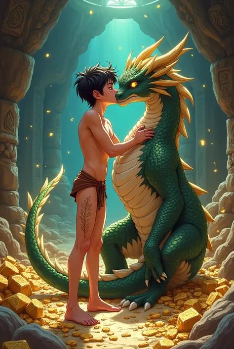 A boy he is just wearing a primitive thong he is kissing a dragon they are in the Treasure Cave the image has to be in furry anime