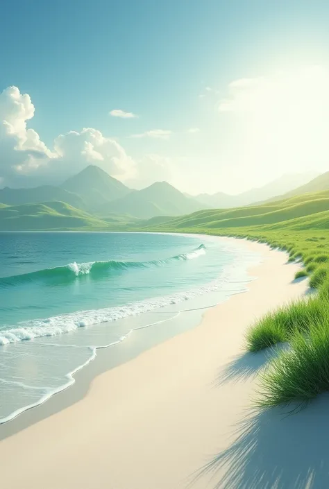 Create an image of a white beach and green fields in the distance on a beautiful sunrise.  
