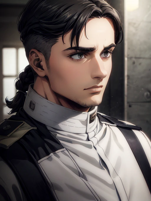 1 man, military hair black, gray eyes, white military uniform, quartel general, high resolution, masterpiece artwork, super deta...