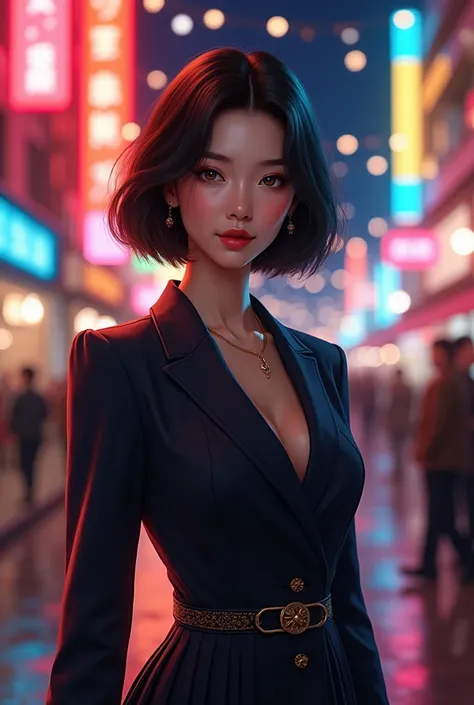 cute young woman, short black hair, Brown eyes, Empress,pleated skirt suit,street lamps,neons,bustling street background,(belly button:1.1,princess eyes), nobility, Royals, high quality, masterpiece, Very detailed