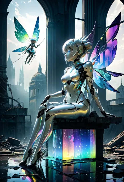 dream fantasy world, made of carved from pearl platinum crystal, beautiful android cyborg, sitting on rubble and playing with lo...