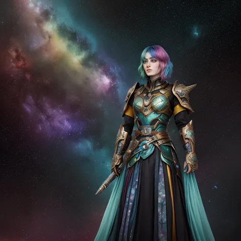 women with rainbow colored hair and teal detailed armor, standing, rainbow colored cosmic nebula background, stele, galaxies, details Intricate, face perfect