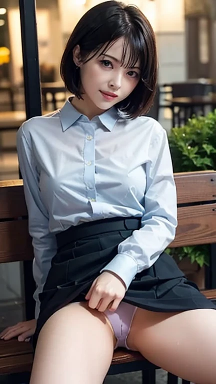 Beautifully detailed skies,Detailed Cafe,night,Wet、Sitting　Spread your legs　Date, rain,　woman　5　Businesswoman　business suit　Short Hair　cute　Hands on thighs　Knees facing forward　Skirt roll up