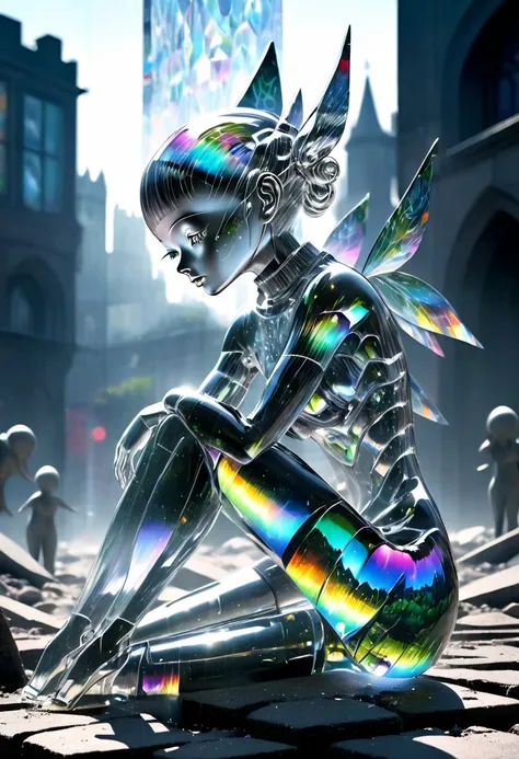 dream fantasy world, made of carved from pearl platinum crystal, beautiful android cyborg, sitting on rubble and playing with lo...