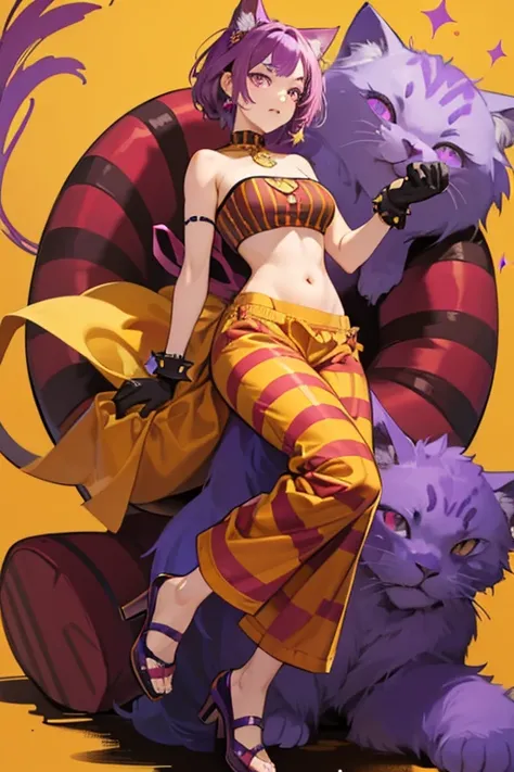 She has marigold hair and purple cat eyes.

She wears marigold gloves, maroon strapless crop top, marigold pants with maroon stripes, and maroon spiky shoes as shes showing her belly button. She also a marigold and maroon striped tail along with cat ear ac...