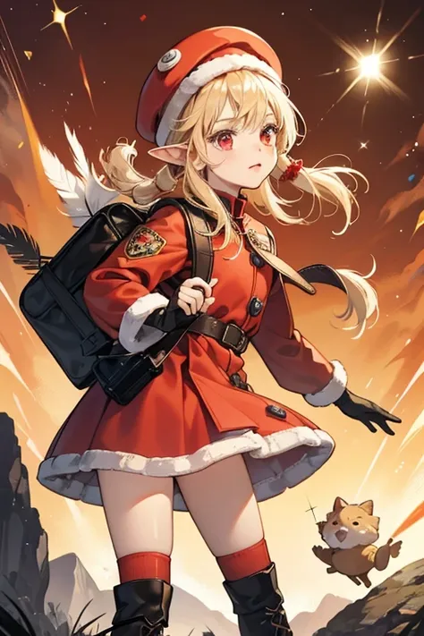 Klee is a small elf-like  with pale skin and light red eyes. She has pale blonde hair tied in pigtails with a prominent cowlick and elf ears.

Klee wears a red coat with a darker red embellishment and keyhole shapes in the hem over a white dress and shorts...