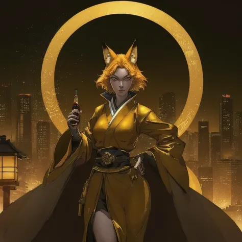 ((best qualityer, 8k, work of art: 1.3)), 1 girl, Slim with the appearance of a fox with 9 syrups and with a fiery gold on a dark night with a Japanese city with ambient lights and a dark lighting focusing on the girl and with light and shadow effects caus...