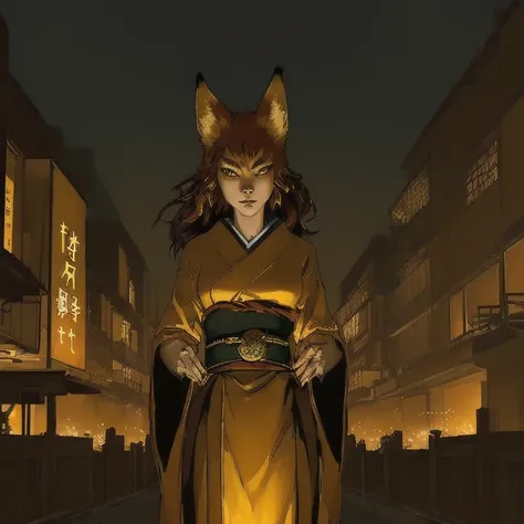 ((best qualityer, 8k, work of art: 1.3)), 1 girl, Slim with the appearance of a fox with 9 syrups and with a fiery gold on a dark night with a Japanese city with ambient lights and a dark lighting focusing on the girl and with light and shadow effects caus...