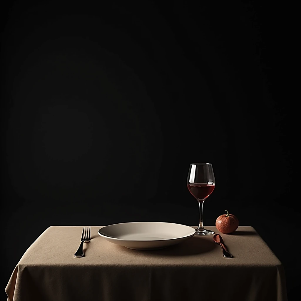 Table with plate and glass of wine. Black background rustic still life seen from above.
