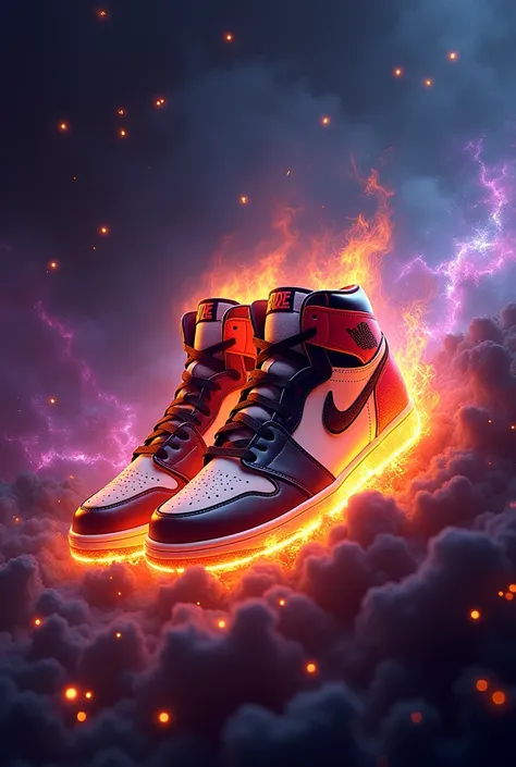 Two images of a Jordan Retro 1 tennis shoe with a multi-color design. The shoe is on fire with bright and burning fire in the middle of a dark galaxy. The galaxy has wavy patterns of black, purple, blue and pink. There are also floating and glowing orbs., ...