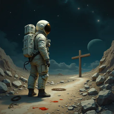 an astronaut , A rocky road, a cross at the end of the road ,a crown of thorns on the floor , a garment thrown on the ground , a small blood mark, in outer space, planets , galaxies , constellations , stars  