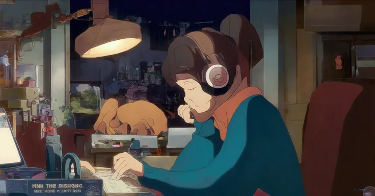 a young woman with brown hair and a ghibli-style look "praise" branded headphones, sitting at a wooden desk writing in a noteboo...