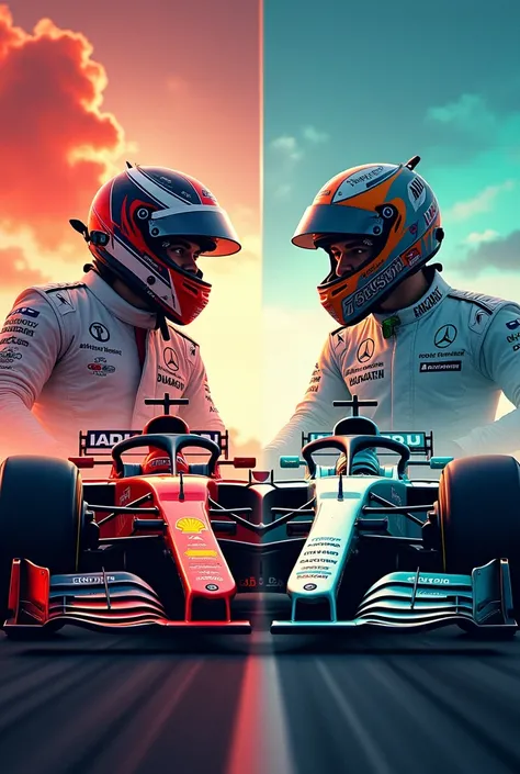 Formula 1 book cover with Aston Martin and Mercedes-Benz cars with drivers on opposite sides 