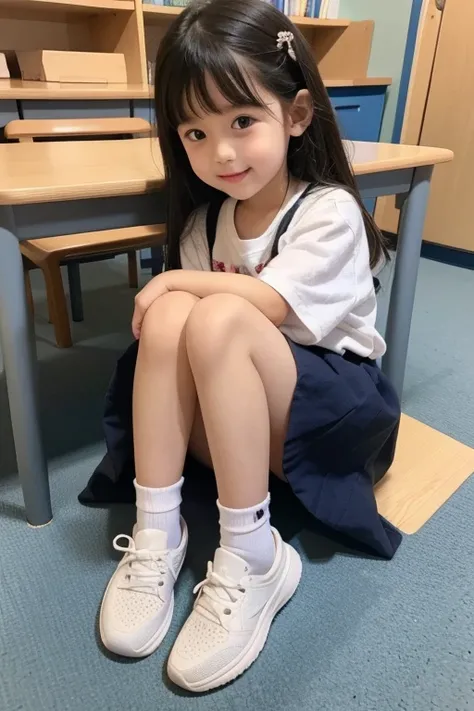 Cute and lovely elementary school first grade girl pretty face full body sitting down full picture little kid sexy naughty exposure