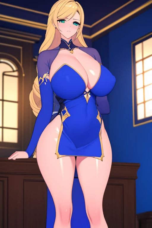 1 girl with big breasts and big ass wearing a blue dress with gold details with a 1 meter 90cm height in the foreground standing with blonde hair and green eyes