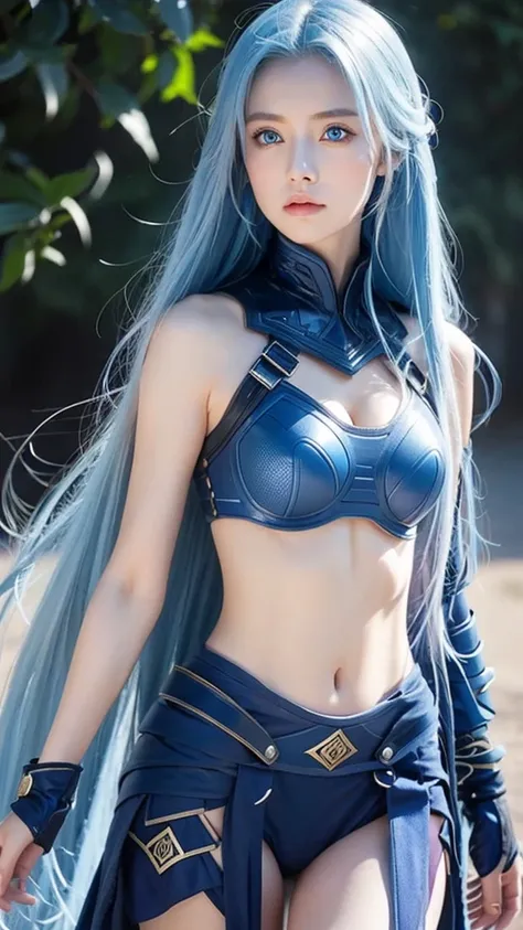 A female warrior with blue eyes and long blue hair、She&#39;s wearing a very beautiful and delicate blue armor and is running through the forest with a sword.