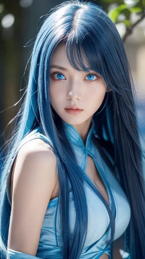 A female warrior with blue eyes and long blue hair、She&#39;s wearing a very beautiful and delicate blue armor and is running through the forest with a sword.