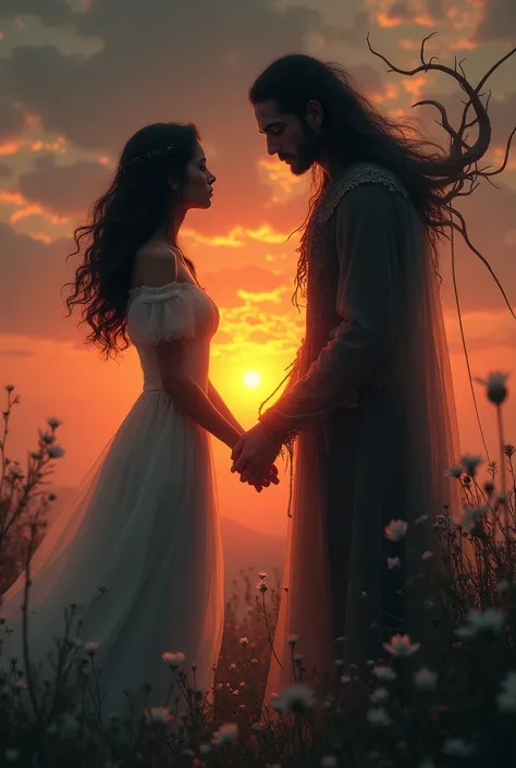 A dark-haired woman&#39;s hand holding that of a very beautiful Spirit-man. 
In the midst of a sunset