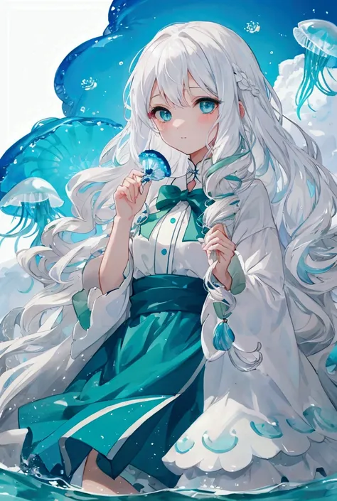 White Hair、Wavy Hair、Long Hair、Blue-green eyes、Cute clothes、Water Drop、In the water、jellyfish