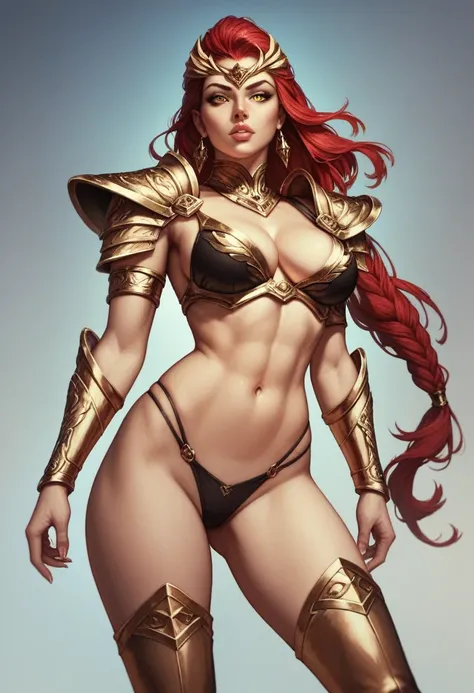 1girl, detailed face, detailed eyes, detailed lips, long red hair, gold face-framing headpiece, gold costume, bikini top, shoulder armor, bracers, black underwear, thigh-high boots