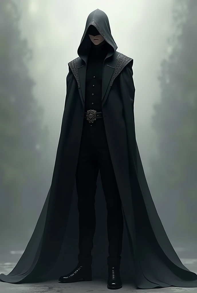 a black coat with a long cape that almost reaches the floor, a hood to cover the head, and a cool style, for a male mannequin, アニメ