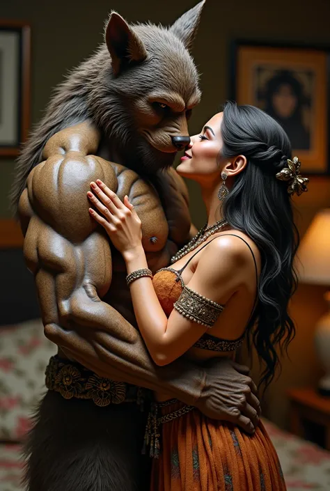 Perfect realistic sculpture detailed,(realistic Cool Male (beast werewolf), leaning on her:1.5), (realistic bestiality couple lovers:1.5),Realistic skin structure,Full body,(Realistic cutey smile face, realistic perfect body, huge chest:1.5), (((having a s...