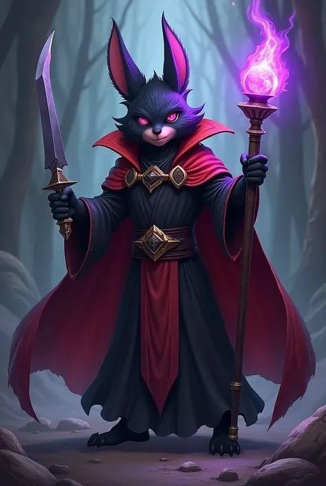 A yordle wizard with an all black and red cape, he has a metal blade with claws, and holds a staff with a purple crystal