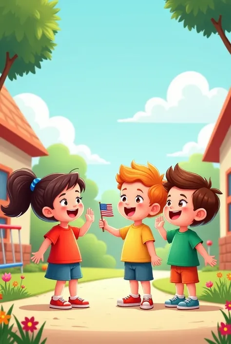 CREATE a cartoon for preschoolers from 2 to  with a girl IN A RED T-SHIRT,  boy WITH YELLOW T-SHIRT AND GIRL and boy WITH GREEN T-SHIRT with the slogan"Little hearts, great patriots in training."