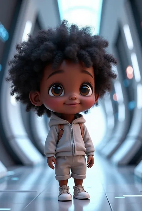 Make an animation of a cute black child with curly hair without volume from the technology area 