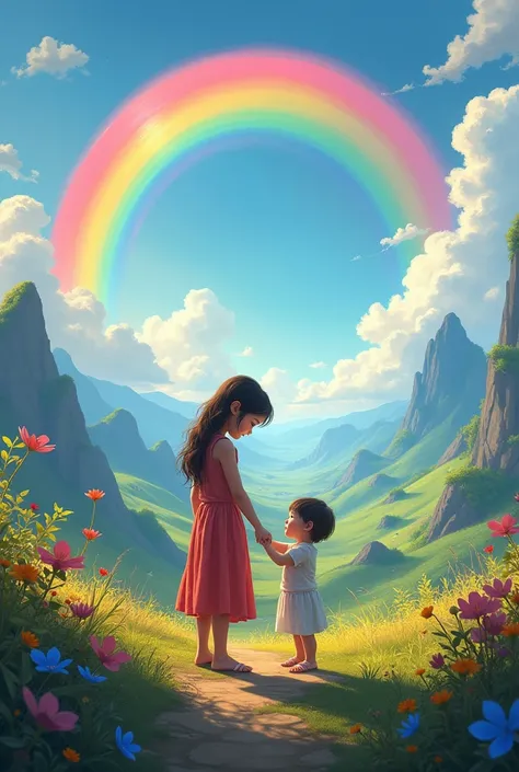 Create a fantasy world landscape with a rainbow in the background, and a  girl and a one year old baby boy holding hands the Image made like the Avatar World game 