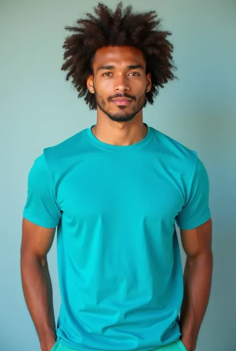 a real curly haired man standing with a turquoise blue t-shirt mockup