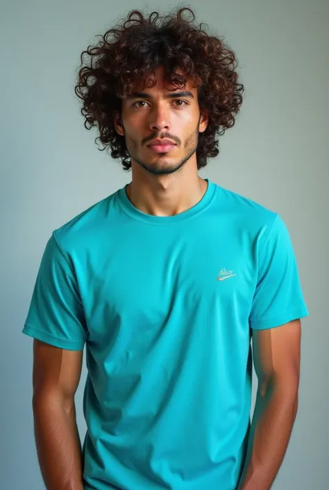 a real curly haired man standing with a turquoise blue t-shirt mockup