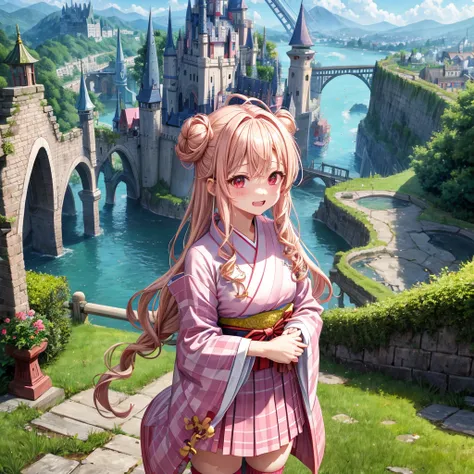 Pink Blonde、Red eyes、Wavy Hair、Hair tied up、Two cute、Checked mini skirt、kimono、Light clothing、Knee-high socks、Teeth are visible、Monster Castle、Tilting face、grass、In front of the city gates、Underground tunnels、Iron suspension bridge、The stone is cracked、Gia...