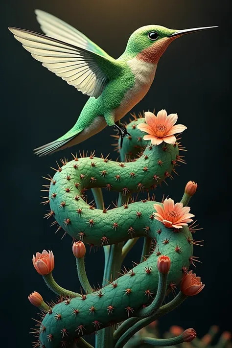 In this tattoo design., Create a surreal creature that fuses the characteristics of a hummingbird., A snake, and a cactus, with intricate details such as iridescent feathers, vibrant green scales with spines, and delicate flowers growing on the creature&#3...