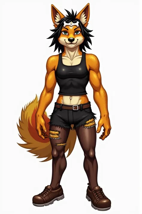 An anthropomorphic dog with orange and yellow fur. He had brown tights, Brown shoes, bone ties on forehead, black hair, black dog tail and black dog ears. She is wearing a black tank top with brown panties covered by her black shorts., with torn brown legg...