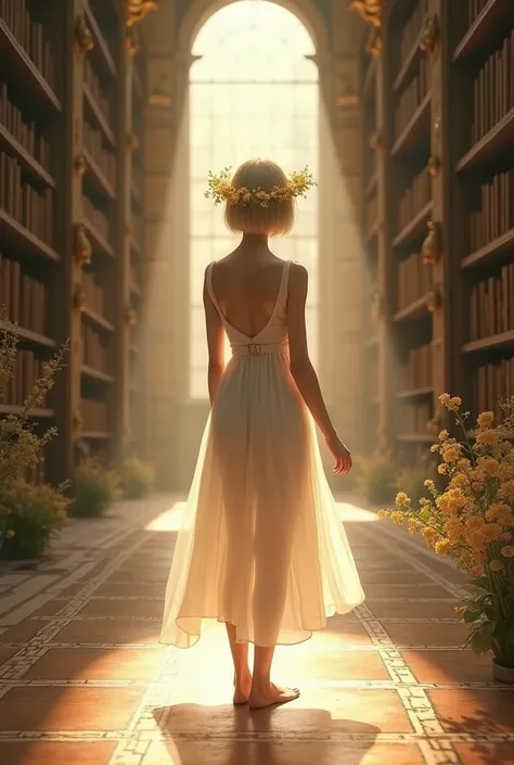 Girl standing barefoot in an ancient Romania huge library , wearing white gown, have short hair, have Golden flower wreath , the perspective is from behind, she is happy, she give clam aesthetic vibe