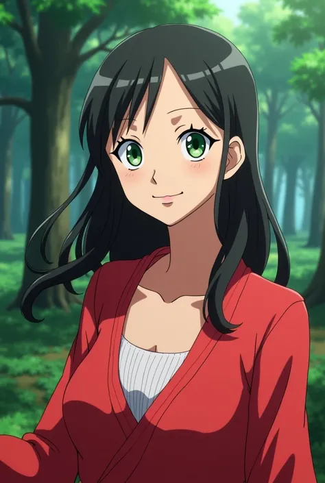 one piece screenshot, 1 woman, green and slanted eyes, with long eyelashes, thin face and white skin, pink lips, by the wide, straight red, with a good body, In the background is a forest, with a smile, One piece drawing style
