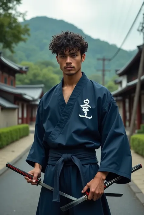 A young Brazilian Calcasian man with short curly hair on a road in Japan Feldal, wearing a navy blue kimono with a white S in a shield symbol on the left chest of the garment, carrying Samurai swords, with a brave expression.