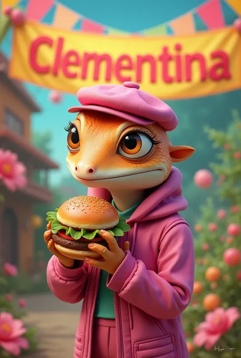 A female lizard with the name Clementina on a banner behind her. The Calango must be eating a hamburger and wearing a pink outfit.