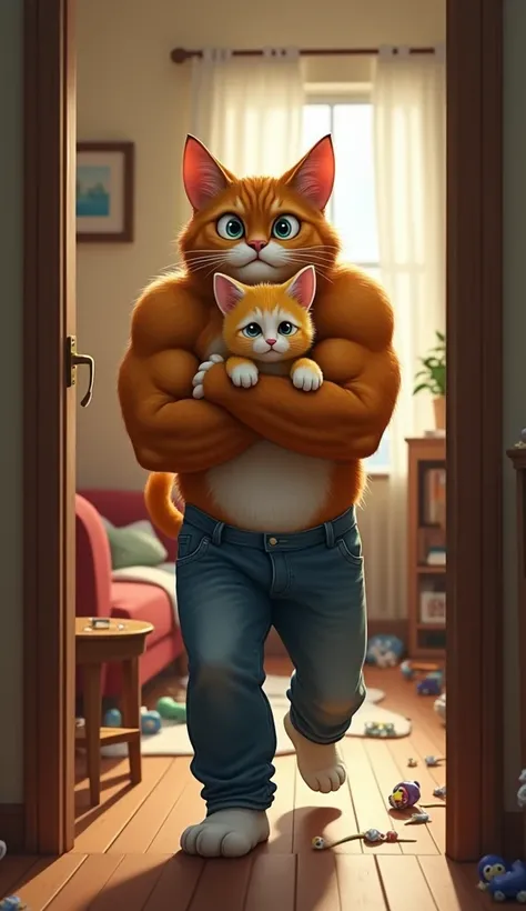 The six pack father cat wearing jeans outfit, a tall with wide, worried eyes, holds his sick crying kitten wearing yellow jeans outfit in his arms. Hes standing by the door, ready to rush out, while the background shows a homely living room with furniture ...