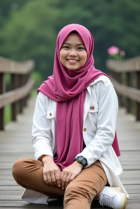 beautiful Indonesian woman , berkulit white mulus, well-groomed face,wearing fuchsia hijab, ,kemeja white    white kotak-kotak hitam kaos warna fuchsia berlogo Santi, brown cargo pants, cool watch, 
sepatu white, pose staring,smile,sitting in the middle of...