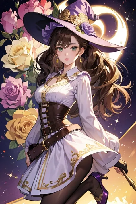 Lisa has fair skin, green eyes, and wavy, light honey-brown hair, which is tied in a loose side ponytail.

She wears a purple and white dress with open slits at the sides and gold embroidery, along with black gloves with pale purple trim, a large witchs ha...