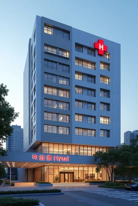 The building of a private hospital with a sign and a red symbol that identifies it 