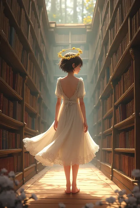 Girl standing barefoot in an ancient Romania huge library , wearing white gown, have short hair, have Golden flower wreath , the perspective is from behind, she is happy, she give clam aesthetic vibe, she also gives anime vibe, the bookshelfs wont be blur